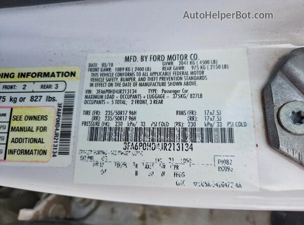 3FA6P0HD4JR213134 2018 FORD FUSION White Vista del compartimento del motor