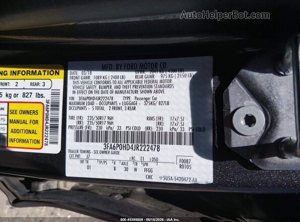 3FA6P0HD4JR222478 2018 FORD FUSION Gray Widok komory silnika