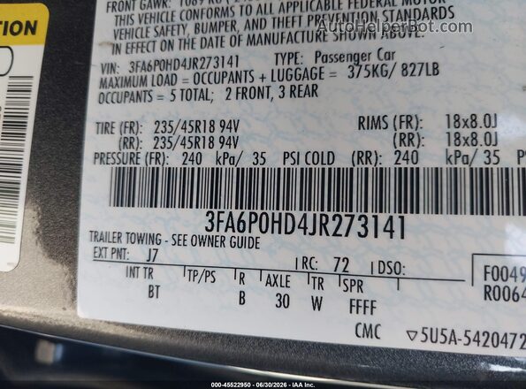 3FA6P0HD4JR273141 2018 FORD FUSION Gray Շարժիչի բաժամունքի տեսք