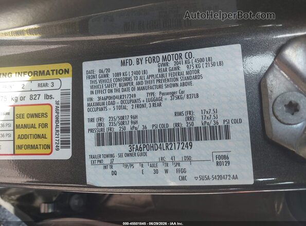 3FA6P0HD4LR217249 2020 FORD FUSION Gray Widok komory silnika