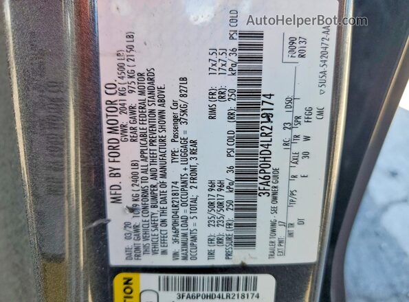 3FA6P0HD4LR218174 2020 FORD FUSION Gray 