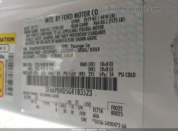 3FA6P0HD5GR183523 2016 FORD FUSION White ძრავის განყოფილების ხედი