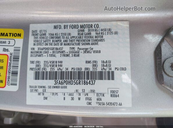 3FA6P0HD5GR186437 2016 FORD FUSION Серебряный Вид подкапотного пространства