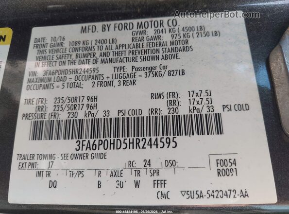 3FA6P0HD5HR244595 2017 FORD FUSION Gray Vista del compartimento del motor