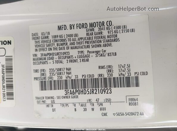 3FA6P0HD5JR210923 2018 FORD FUSION White Շարժիչի բաժամունքի տեսք