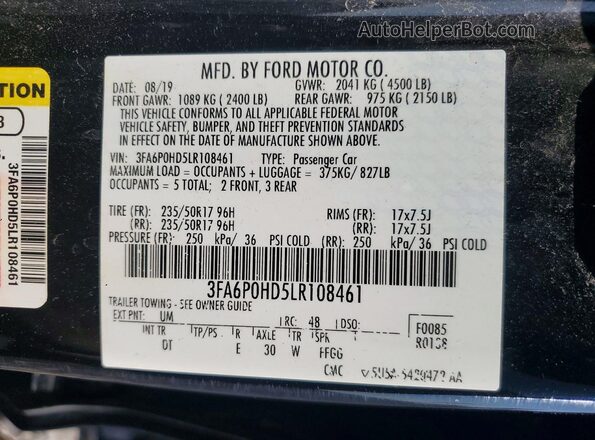 3FA6P0HD5LR108461 2020 FORD FUSION Black ძრავის განყოფილების ხედი