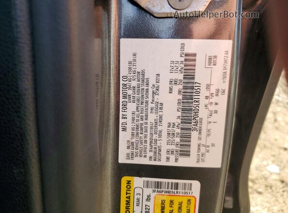 3FA6P0HD5LR110517 2020 FORD FUSION Charcoal Engine compartment view