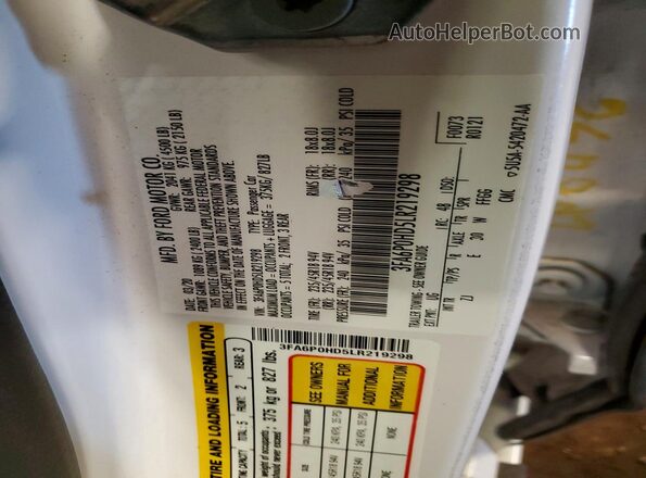 3FA6P0HD5LR219298 2020 FORD FUSION White Vista del compartimento del motor