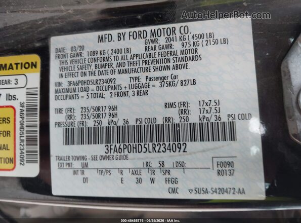 3FA6P0HD5LR234092 2020 FORD FUSION Черный Вид подкапотного пространства