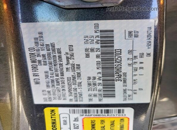 3FA6P0HD5LR257033 2020 FORD FUSION Charcoal 