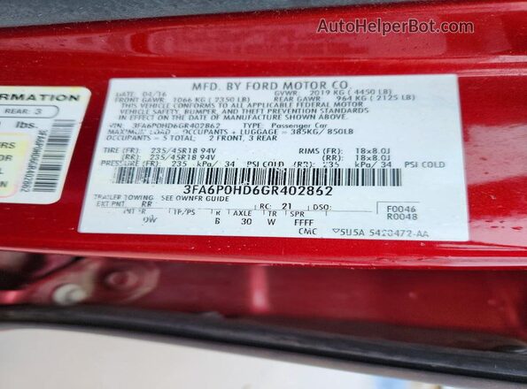 3FA6P0HD6GR402862 2016 FORD FUSION Red Vista del compartimento del motor
