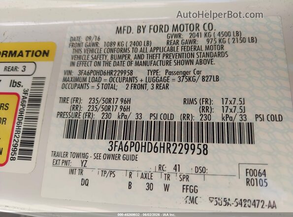 3FA6P0HD6HR229958 2017 FORD FUSION White Widok komory silnika