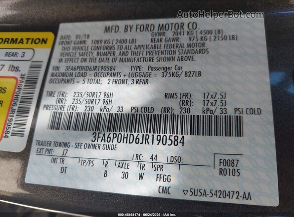 3FA6P0HD6JR190584 2018 FORD FUSION Gray ძრავის განყოფილების ხედი