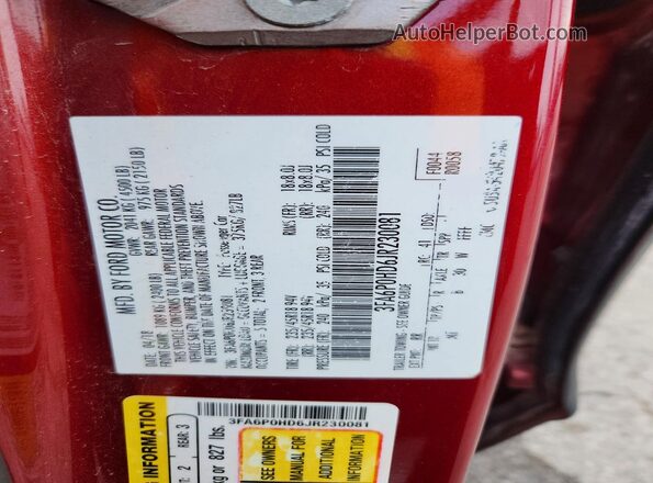 3FA6P0HD6JR230081 2018 FORD FUSION Red 