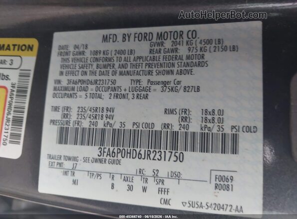 3FA6P0HD6JR231750 2018 FORD FUSION Gray Вид підкапотного простору