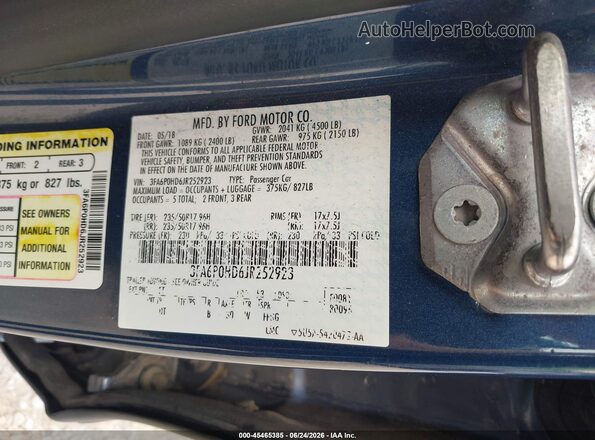 3FA6P0HD6JR252923 2018 FORD FUSION Blue Engine compartment view