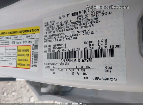 3FA6P0HD6LR162528 2020 FORD FUSION Белый Вид подкапотного пространства