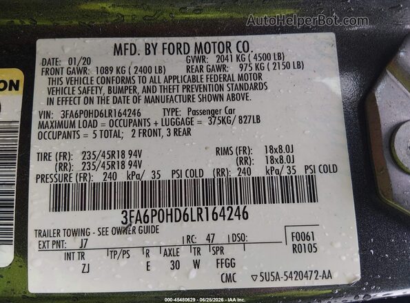 3FA6P0HD6LR164246 2020 FORD FUSION Gray Widok komory silnika