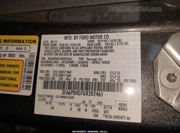 3FA6P0HD7GR202461 2016 FORD FUSION Gray 