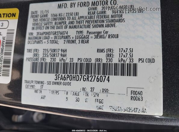 3FA6P0HD7GR276074 2016 FORD FUSION Gray ძრავის განყოფილების ხედი