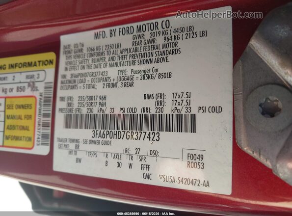 3FA6P0HD7GR377423 2016 FORD FUSION Красный 