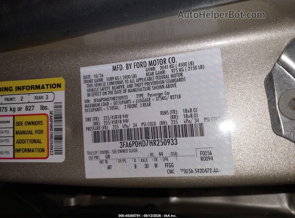 3FA6P0HD7HR250933 2017 FORD FUSION Gold 