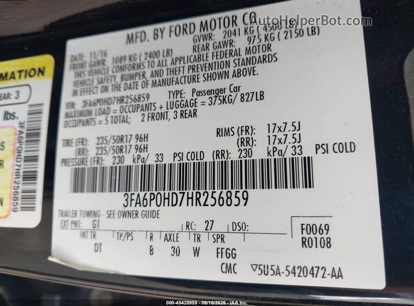 3FA6P0HD7HR256859 2017 FORD FUSION Black Շարժիչի բաժամունքի տեսք