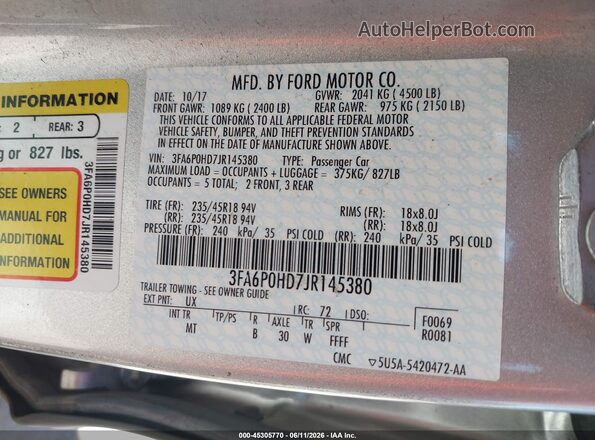 3FA6P0HD7JR145380 2018 FORD FUSION Silver Vista del compartimento del motor