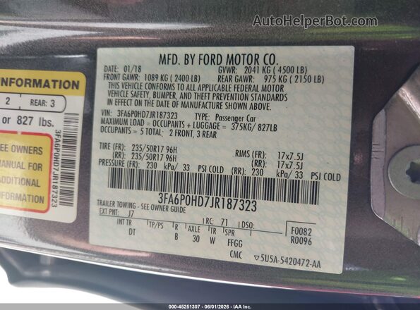 3FA6P0HD7JR187323 2018 FORD FUSION Серый Вид подкапотного пространства
