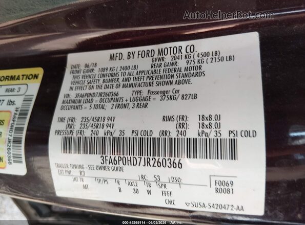 3FA6P0HD7JR260366 2018 FORD FUSION Темно-бордовый Вид подкапотного пространства