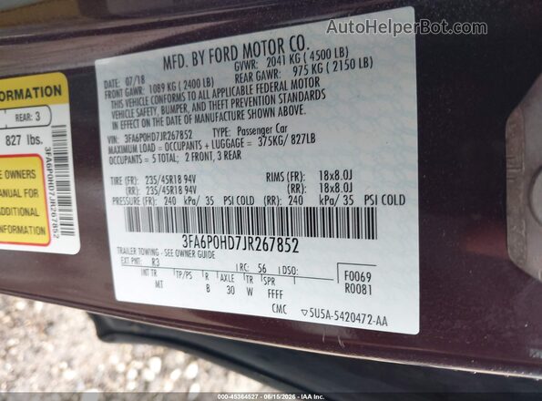 3FA6P0HD7JR267852 2018 FORD FUSION Maroon Vista del compartimento del motor