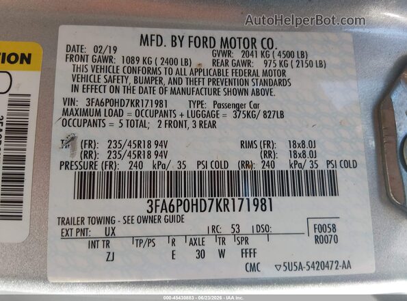 3FA6P0HD7KR171981 2019 FORD FUSION Silver Engine compartment view