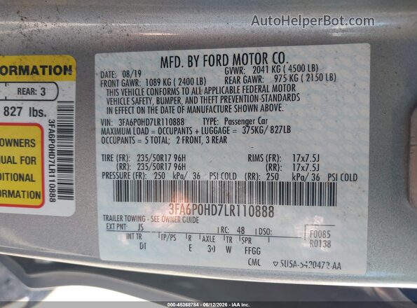3FA6P0HD7LR110888 2020 FORD FUSION Silver Շարժիչի բաժամունքի տեսք