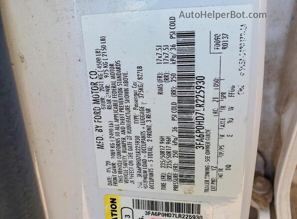 3FA6P0HD7LR225930 2020 FORD FUSION White Engine compartment view