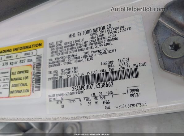 3FA6P0HD7LR238662 2020 FORD FUSION Белый Вид подкапотного пространства