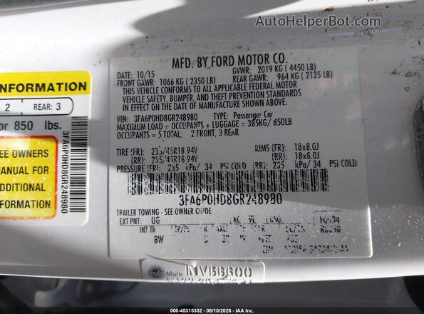 3FA6P0HD8GR248980 2016 FORD FUSION White Շարժիչի բաժամունքի տեսք
