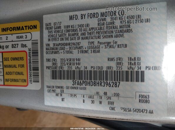 3FA6P0HD8HR396287 2017 FORD FUSION Silver ძრავის განყოფილების ხედი