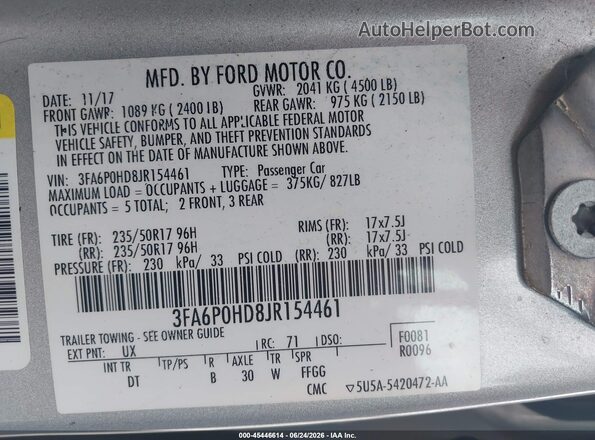 3FA6P0HD8JR154461 2018 FORD FUSION Silver Widok komory silnika