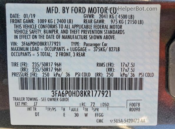 3FA6P0HD8KR177921 2019 FORD FUSION Gray 