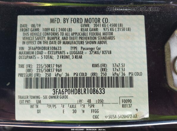 3FA6P0HD8LR108633 2020 FORD FUSION Black Vista del compartimento del motor