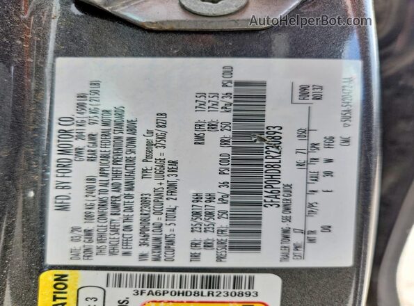 3FA6P0HD8LR230893 2020 FORD FUSION Gray VIN sticker view
