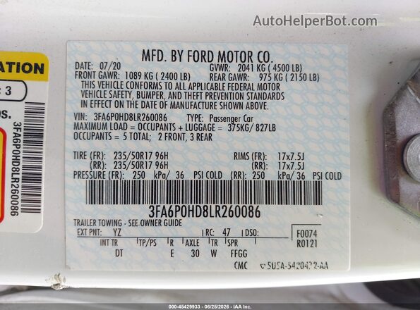 3FA6P0HD8LR260086 2020 FORD FUSION White Շարժիչի բաժամունքի տեսք