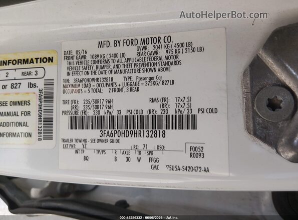 3FA6P0HD9HR132818 2017 FORD FUSION Белый Вид подкапотного пространства