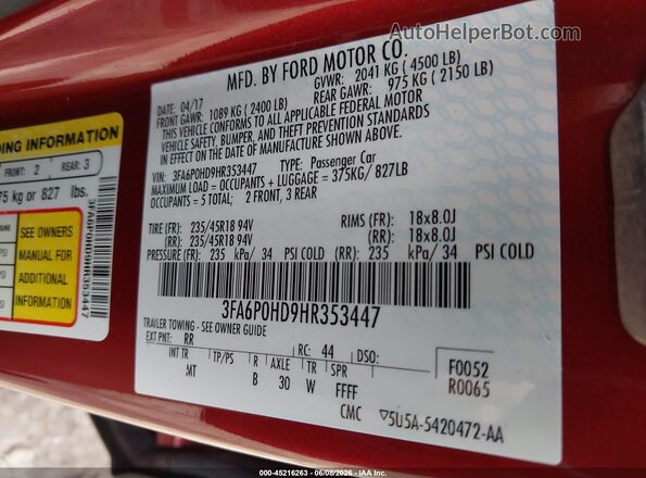 3FA6P0HD9HR353447 2017 FORD FUSION Red Engine compartment view