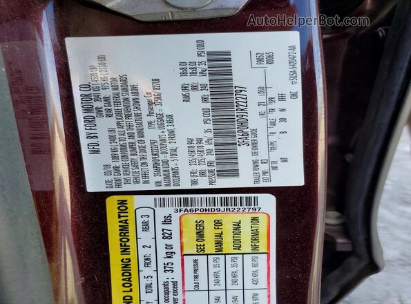 3FA6P0HD9JR222797 2018 FORD FUSION Burgundy Widok komory silnika