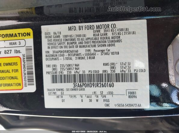3FA6P0HD9JR260160 2018 FORD FUSION Black ძრავის განყოფილების ხედი