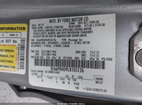 3FA6P0HD9LR105126 2020 FORD FUSION Silver Widok komory silnika