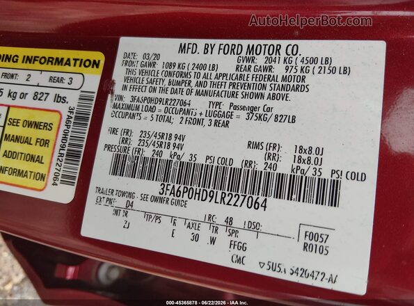 3FA6P0HD9LR227064 2020 FORD FUSION Красный Вид подкапотного пространства
