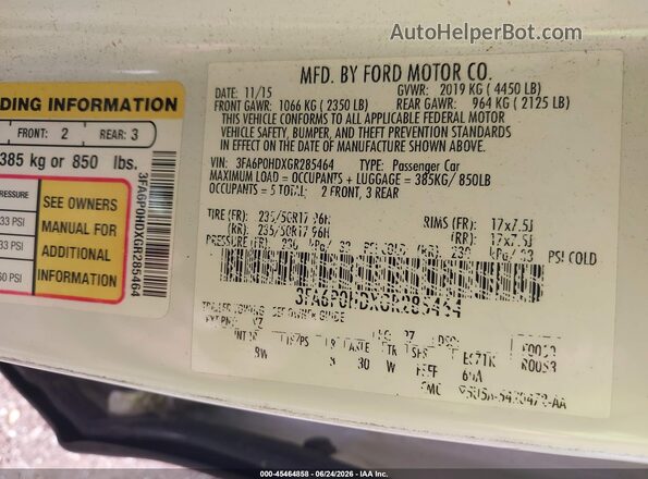 3FA6P0HDXGR285464 2016 FORD FUSION Белый Вид подкапотного пространства