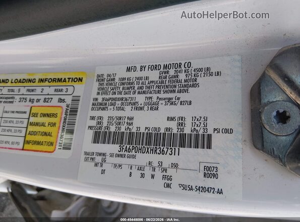 3FA6P0HDXHR367311 2017 FORD FUSION White Вид підкапотного простору